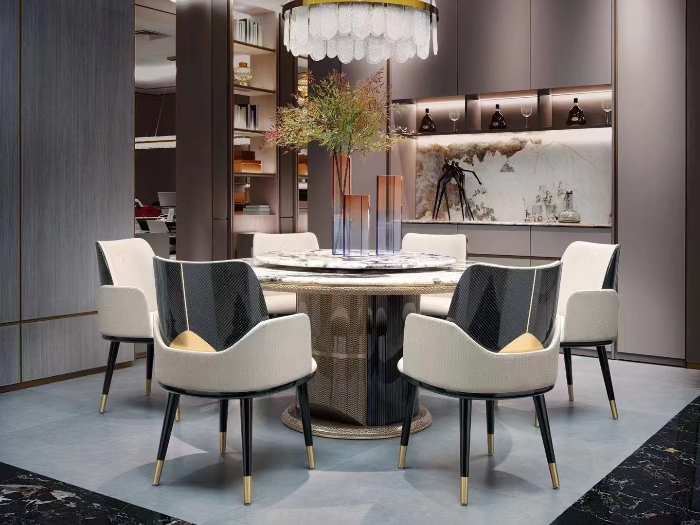 CK-ML23 Beige Upholstered Dining Chair – Luxury Design with Art Deco Back and Gold-Tipped Legs