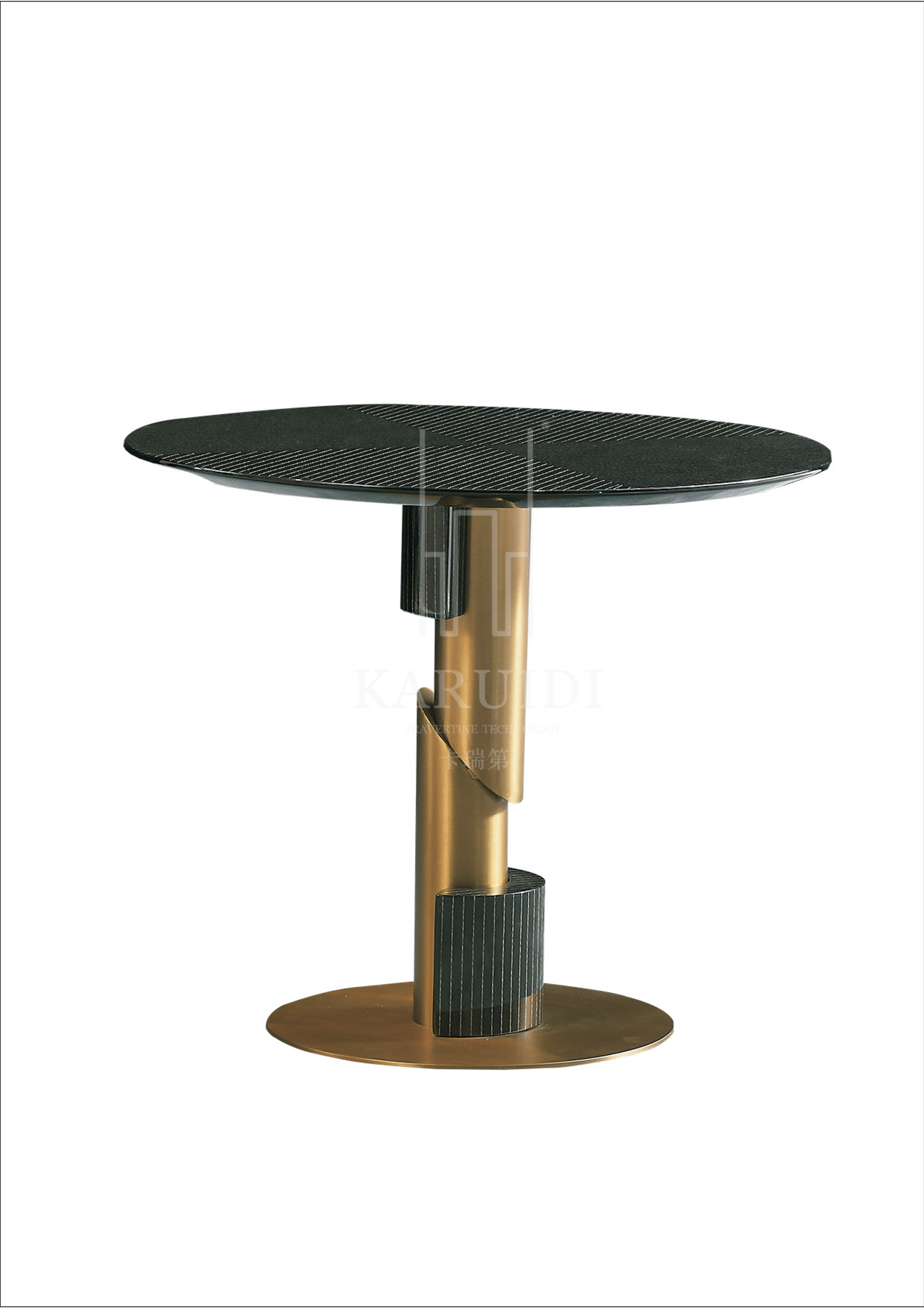 AK-001G-2 Dining Table – Black Stone Round Top with Sculptural Gold Pedestal Base