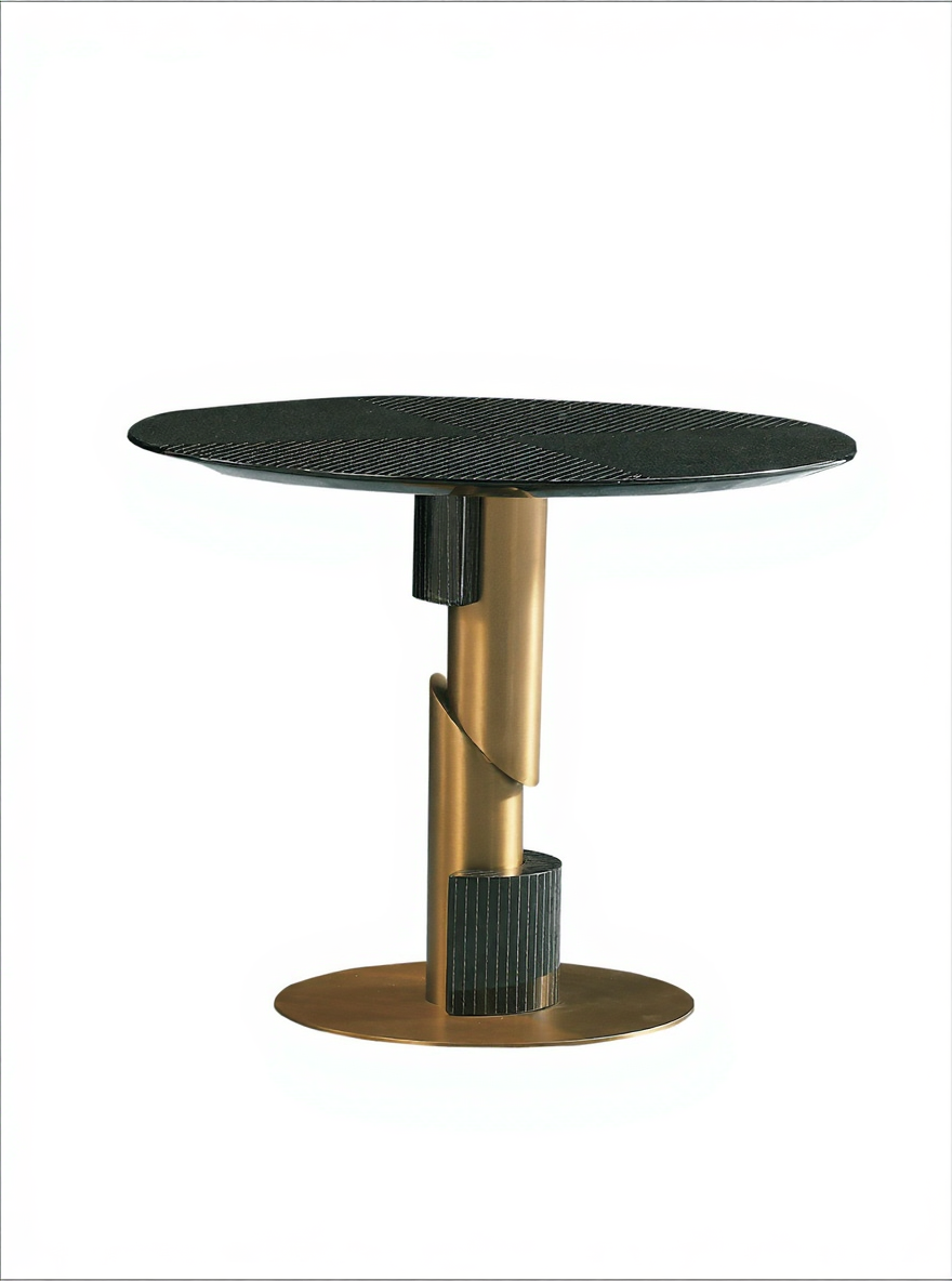 AK-001G-2 Dining Table – Black Stone Round Top with Sculptural Gold Pedestal Base