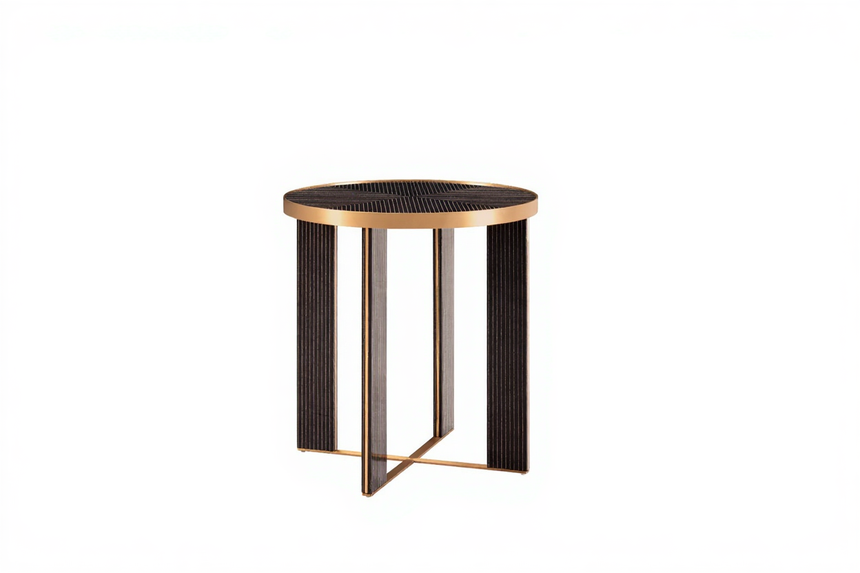 AK-002C-1 – Round Side Table with Brass Trim and Vertical Line Detailing