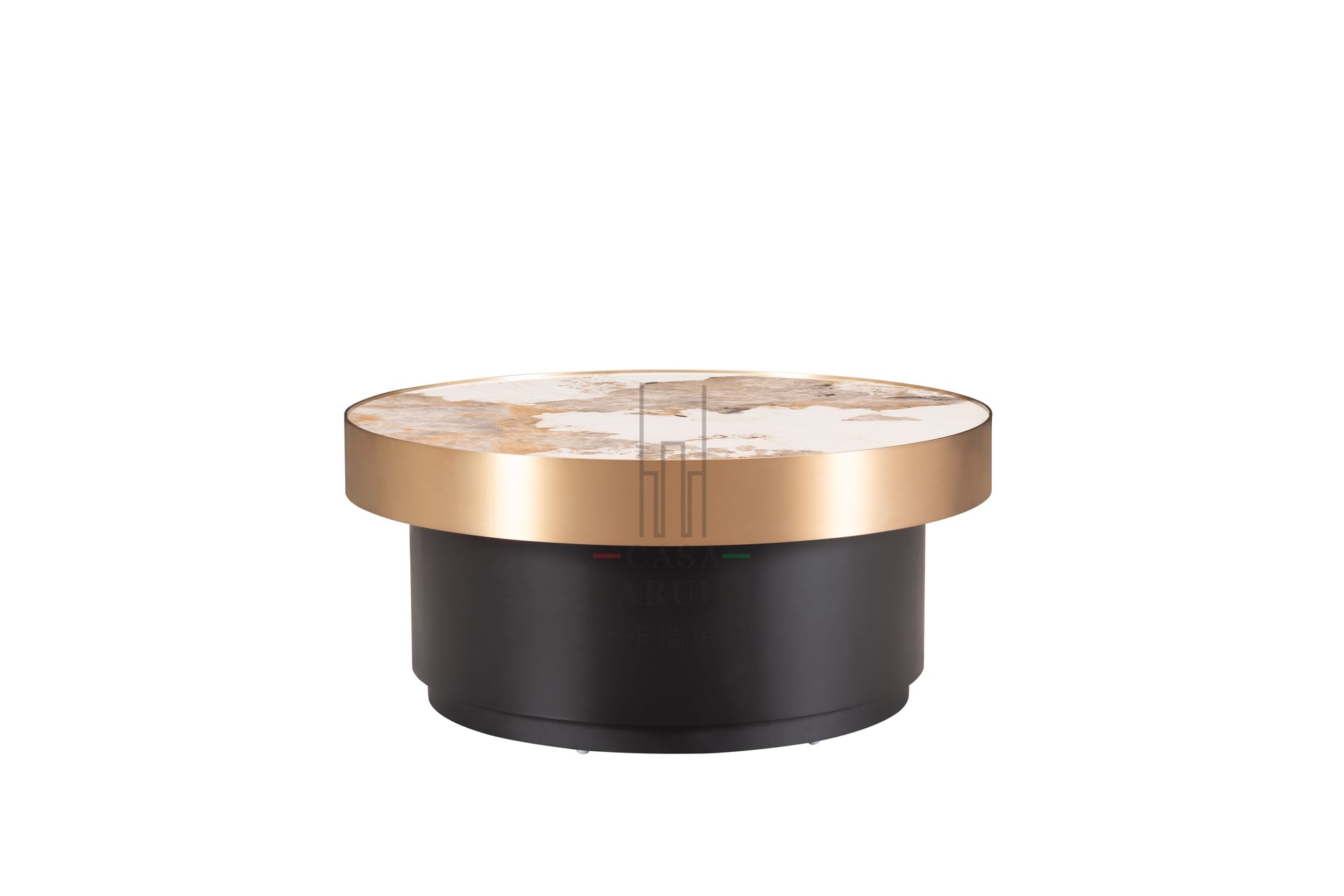 AK-003G-1 TV Console – Circular Marble Top with Brushed Brass Edge and Black Base