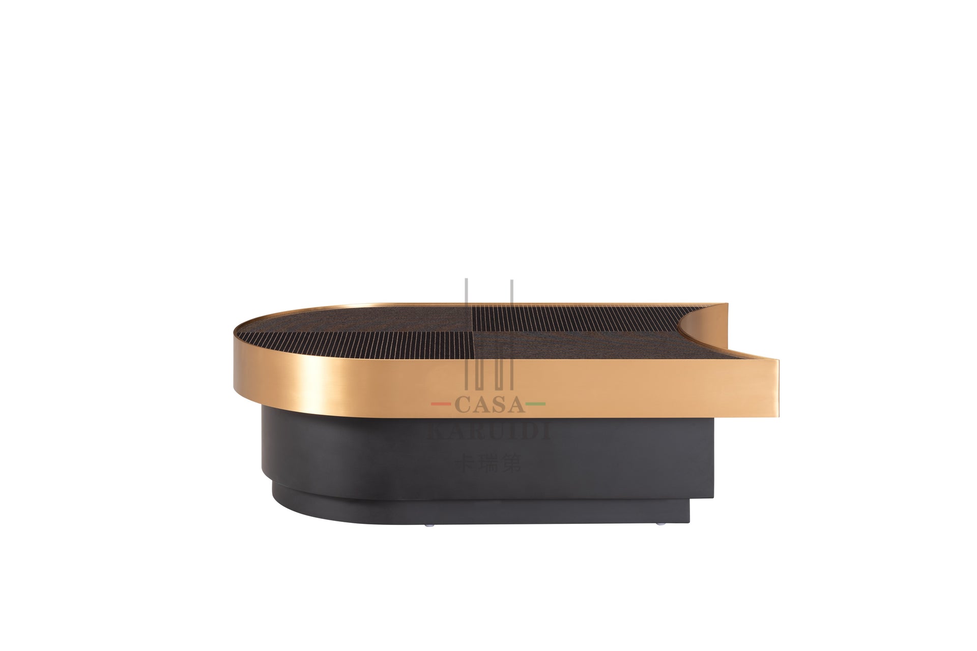 AK-003G-2 TV Console – Curved Black Structure with Textured Top and Brass Frame