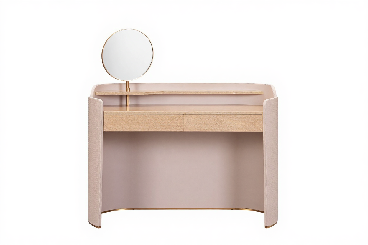 AK-003Z – Sculpted Console with Round Mirror and Subtle Brass Trim