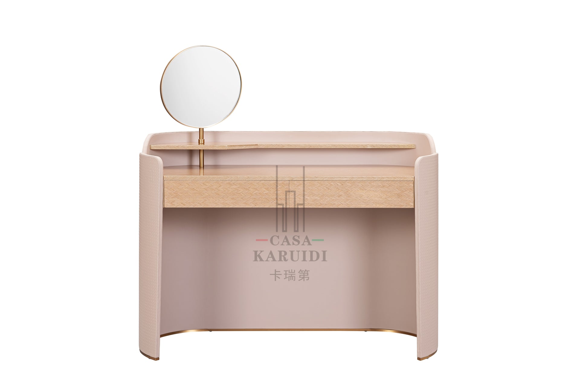 AK-003Z – Sculpted Console with Round Mirror and Subtle Brass Trim