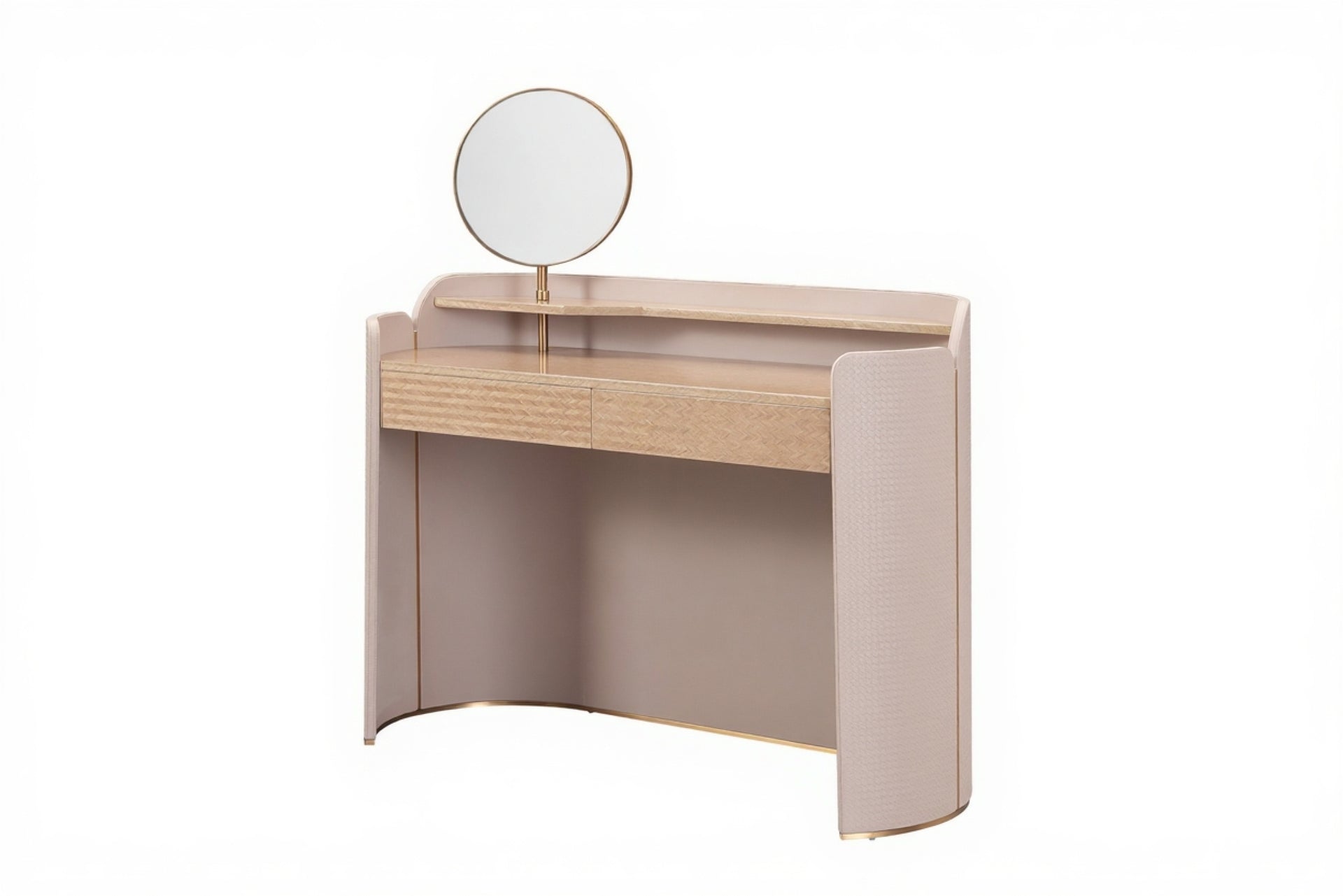 AK-003Z – Sculpted Console with Round Mirror and Subtle Brass Trim