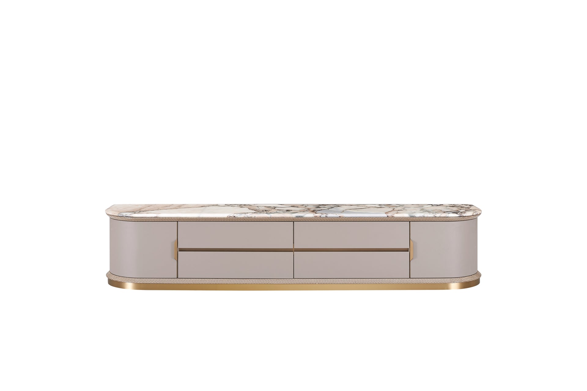 AK-007D TV Console – Luxury Marble-Top Entertainment Unit with Curved Corners and Gold Base