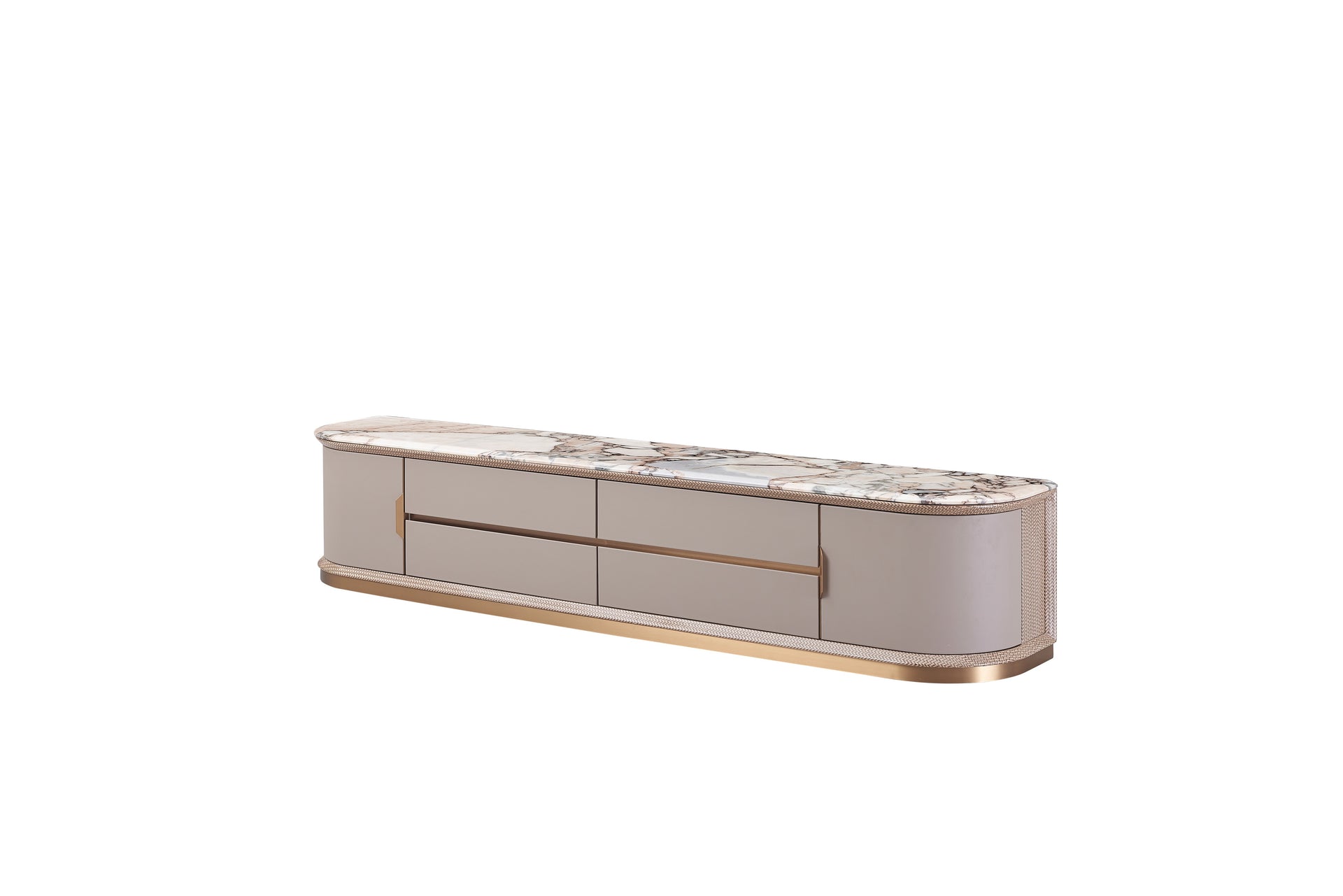 AK-007D TV Console – Luxury Marble-Top Entertainment Unit with Curved Corners and Gold Base