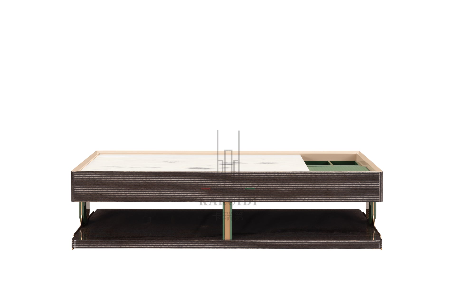 AK-008G TV Console – White Marble Top with Dark Ribbed Frame and Brass Accents