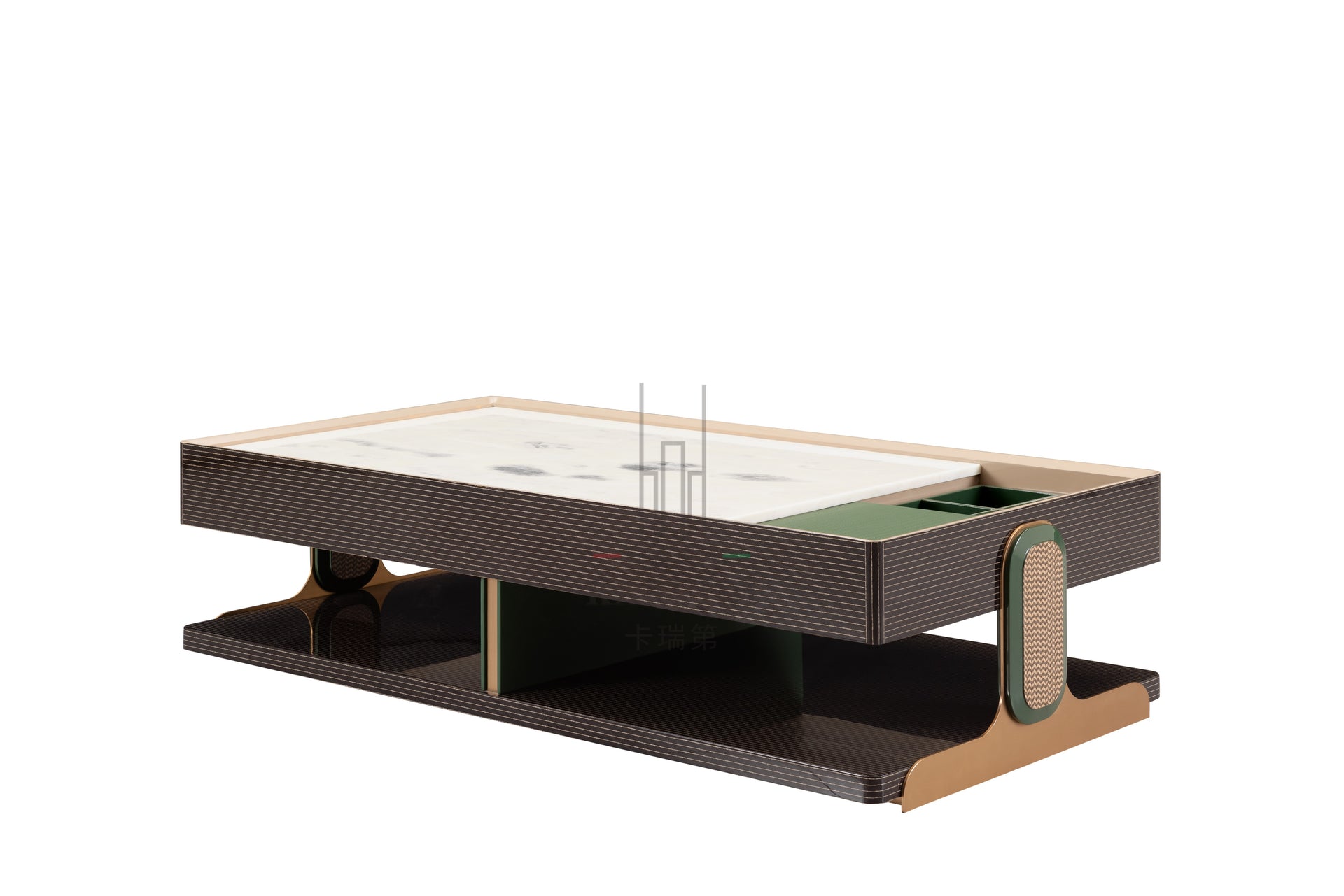 AK-008G TV Console – White Marble Top with Dark Ribbed Frame and Brass Accents