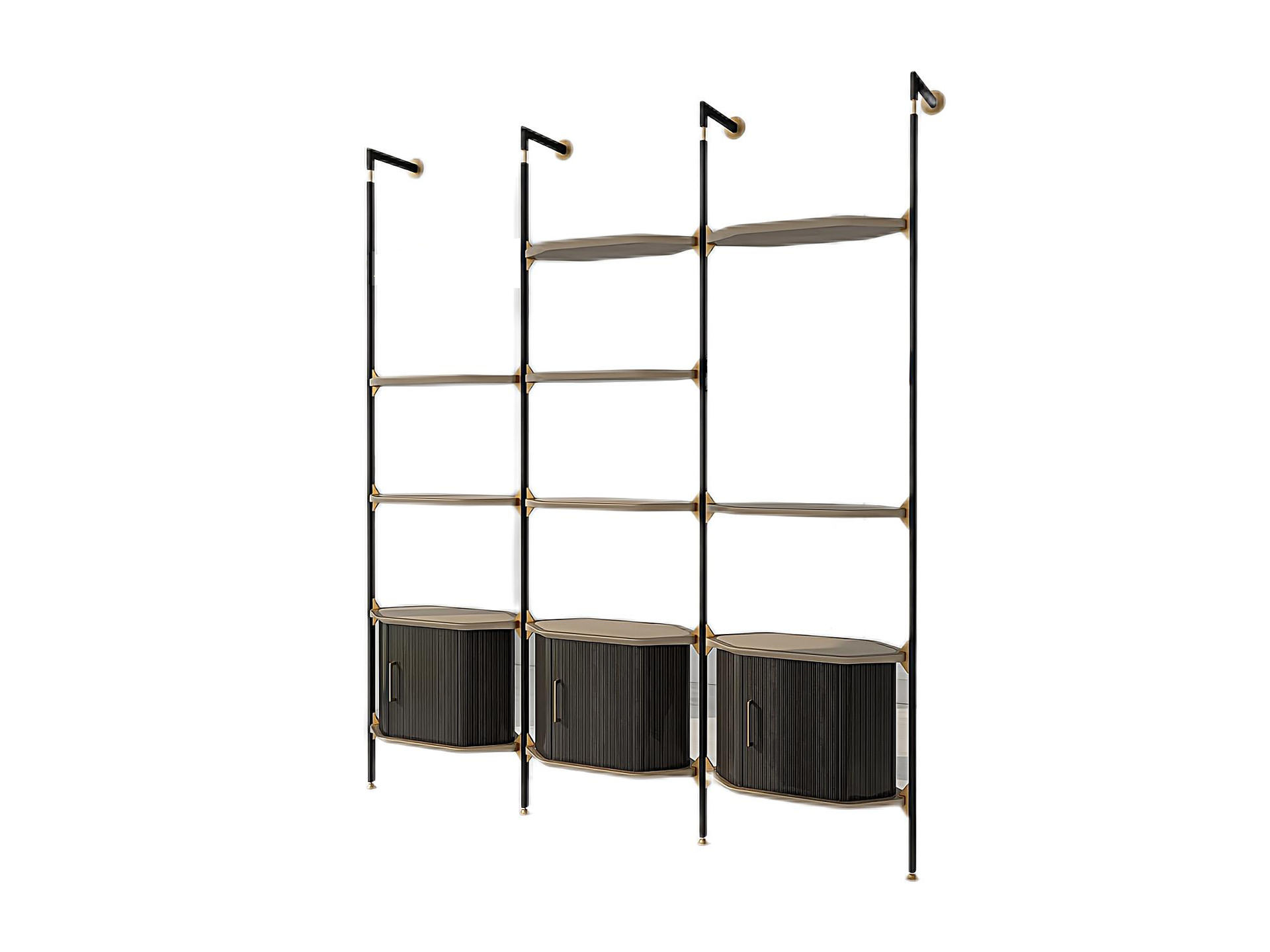 AK-012 Display Cabinet – Black and Gold Modular Shelving with Fluted Storage Base