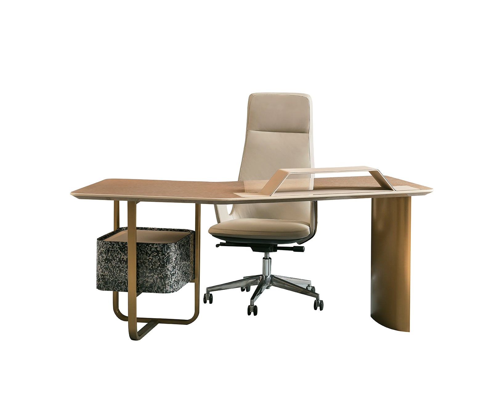 AK-013M Executive Desk – Sculpted Stone Top with Gold Structure and Marble Drawer