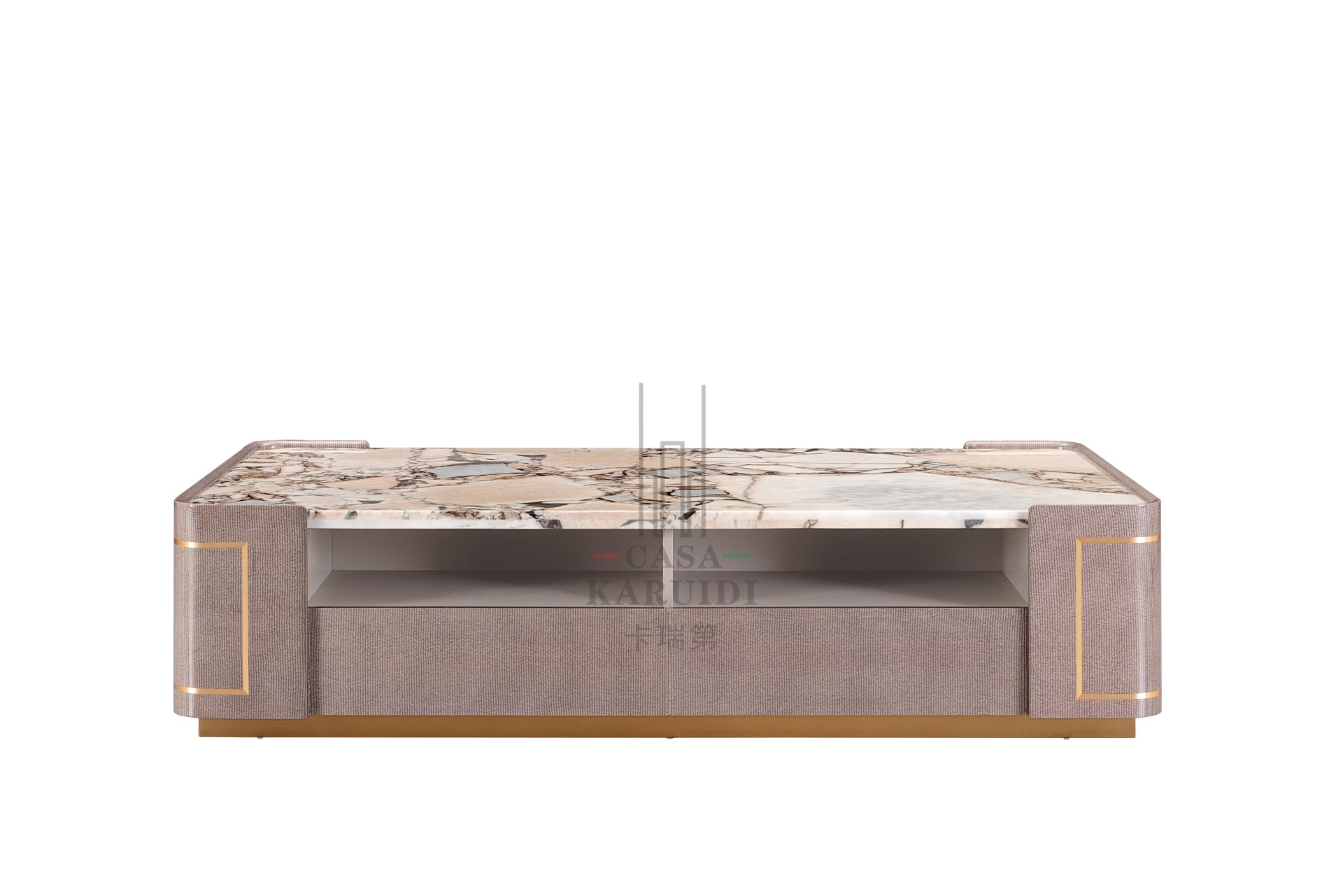 AK-015G TV Console – Multitone Marble Top with Taupe Upholstered Frame and Gold Inlay Details