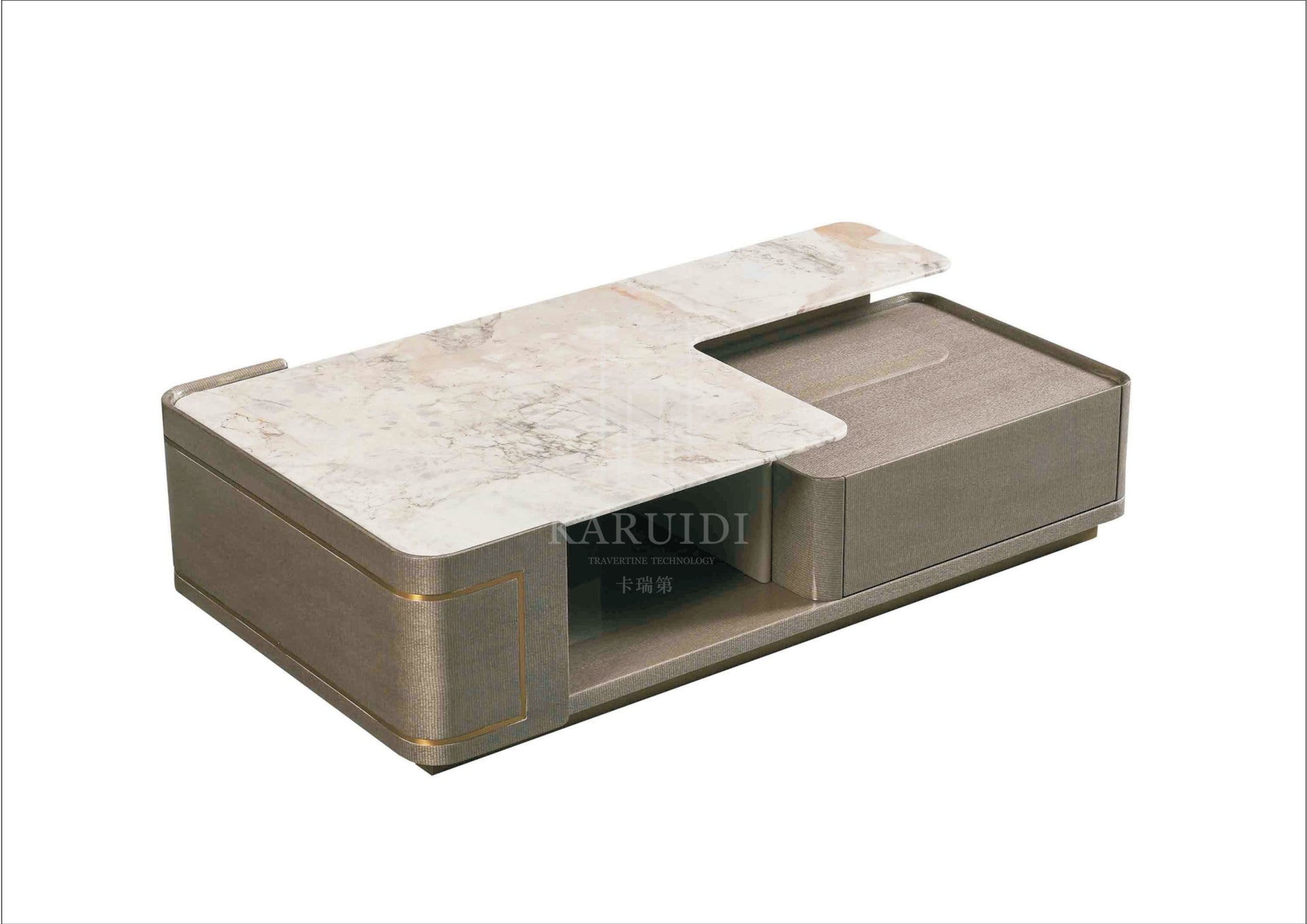 AK-015G TV Console – L-Shaped White Marble Top with Taupe Upholstery and Gold Line Accents