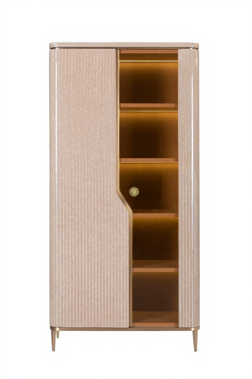 AK-016Q1 – Illuminated Display Cabinet with Curved Glass Door and Gold Accents