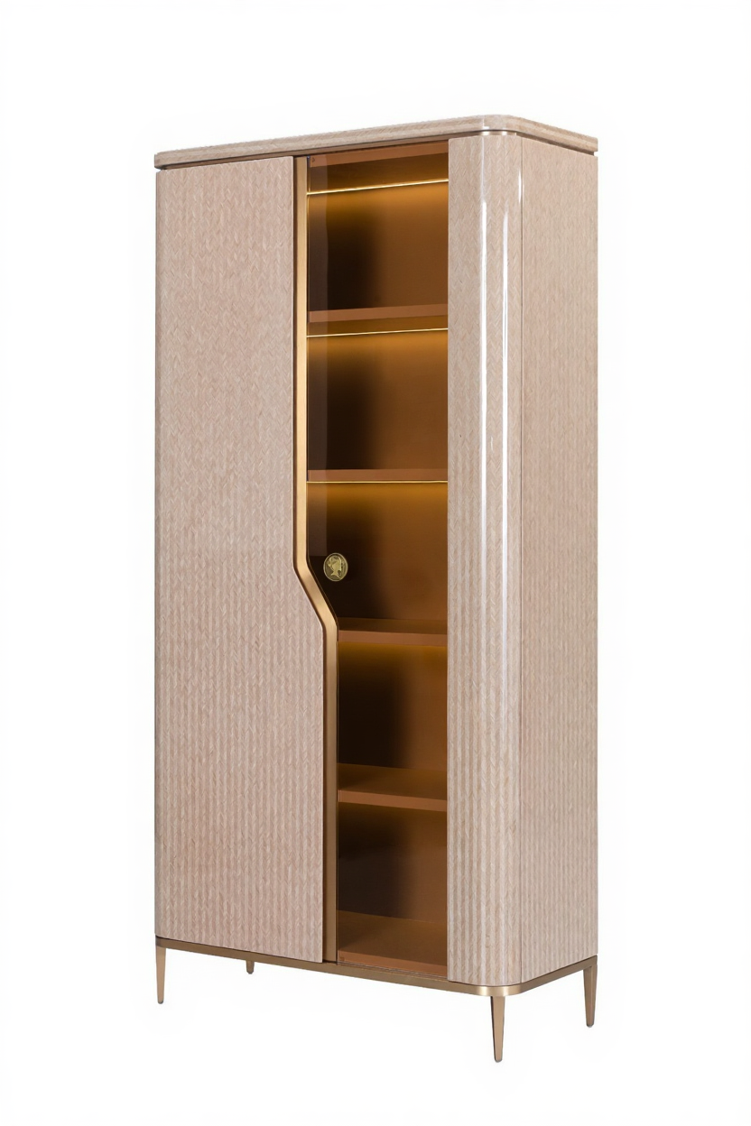 AK-016Q1 – Illuminated Display Cabinet with Curved Glass Door and Gold Accents