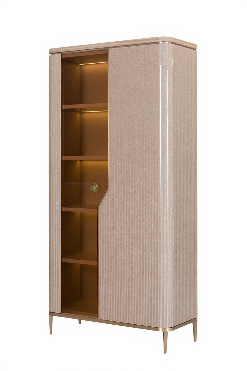 AK-016Q2 – Illuminated Display Cabinet with Gloss Texture and Gold Accents