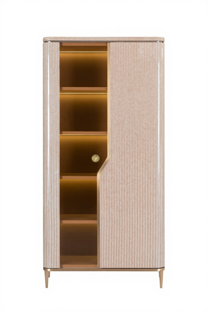AK-016Q2 – Illuminated Display Cabinet with Gloss Texture and Gold Accents