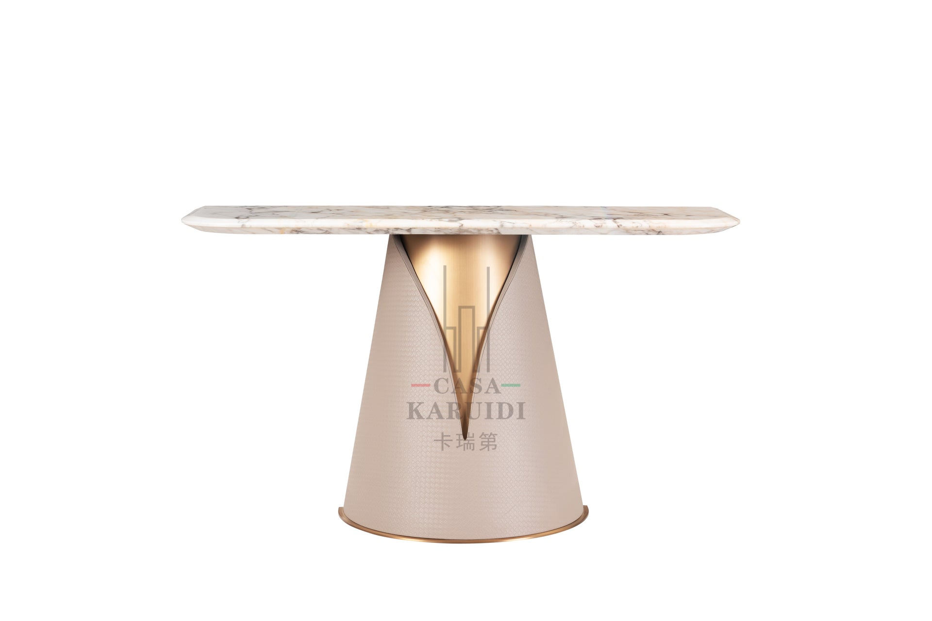 AK-042F Console Table – Sculptural Console with Marble Top and Leather-Wrapped Base