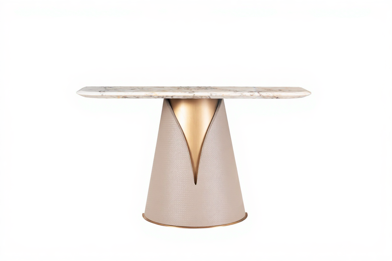 AK-042F Console Table – Sculptural Console with Marble Top and Leather-Wrapped Base