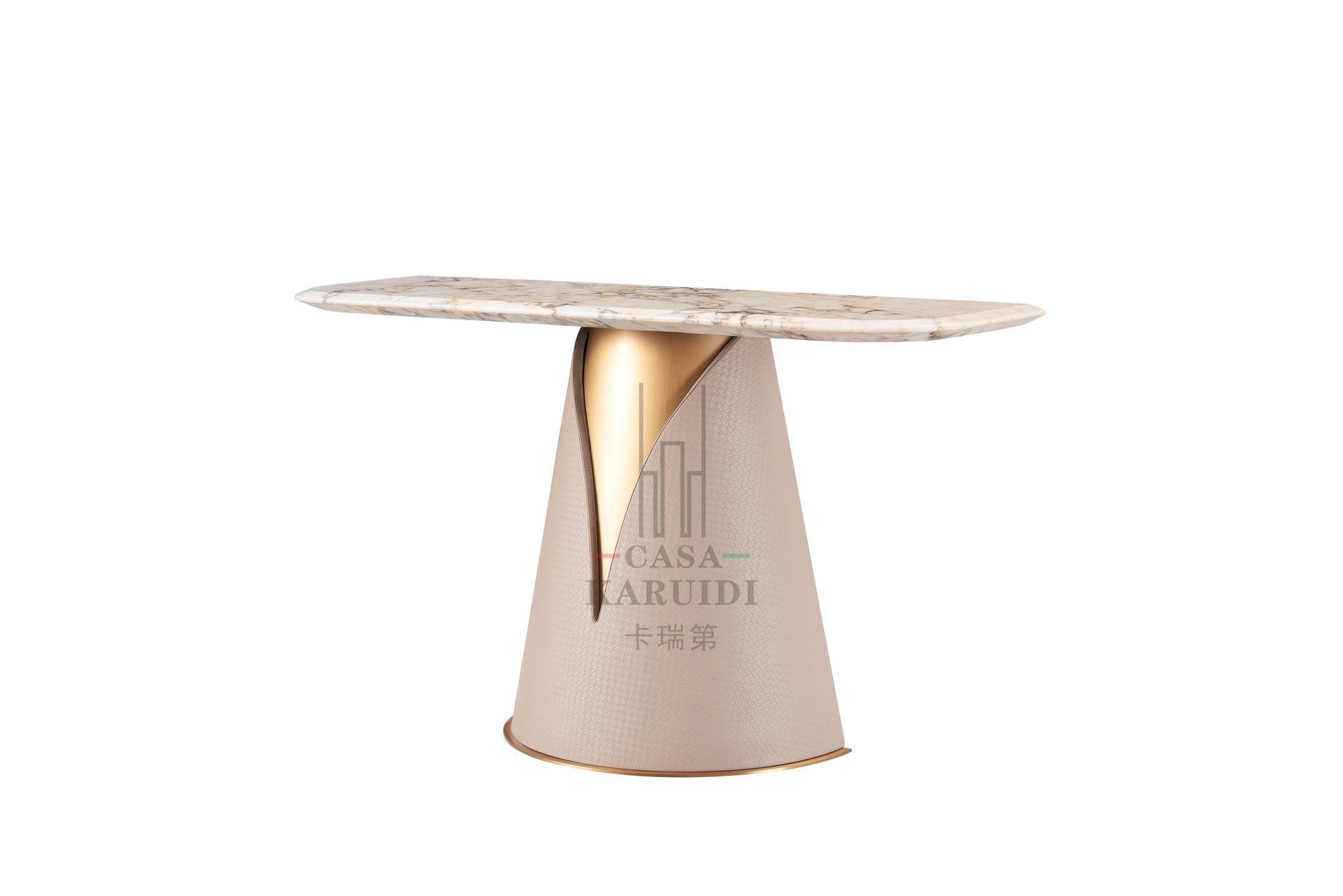AK-042F Console Table – Sculptural Console with Marble Top and Leather-Wrapped Base