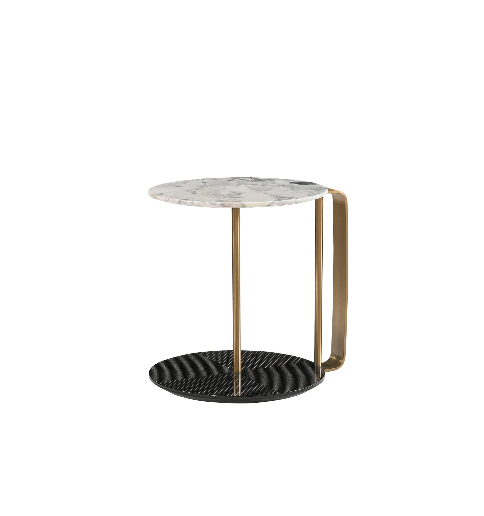 AK-043C Side Table – Marble and Black Dual-Shelf with Brass Frame