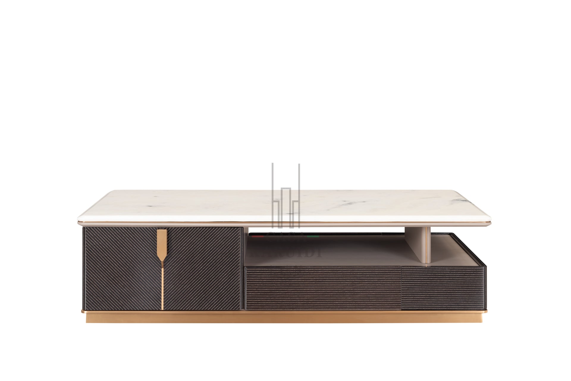 AK-066G TV Console – White Marble Top with Fluted Dark Frame and Brushed Gold Base