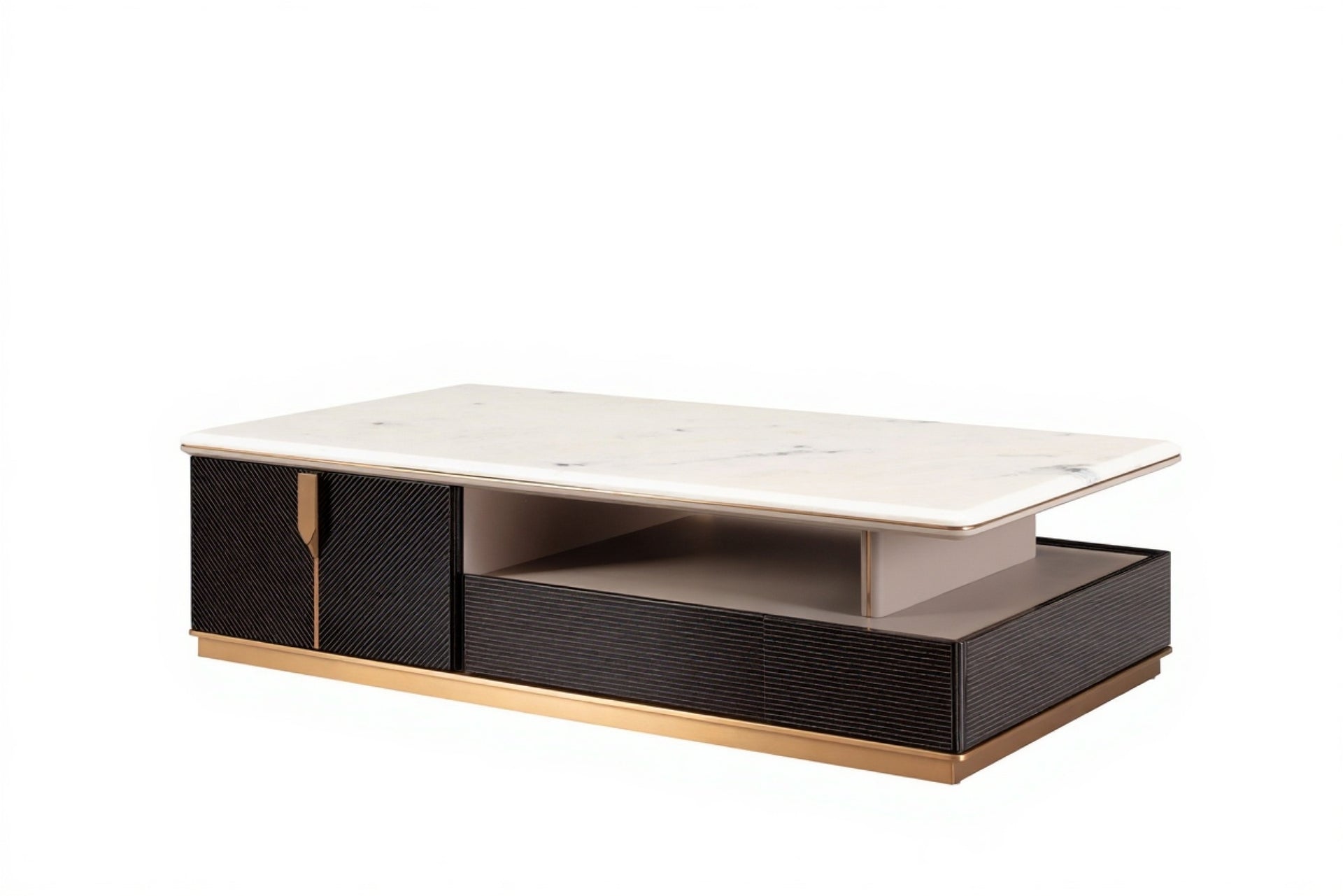 AK-066G TV Console – White Marble Top with Fluted Dark Frame and Brushed Gold Base