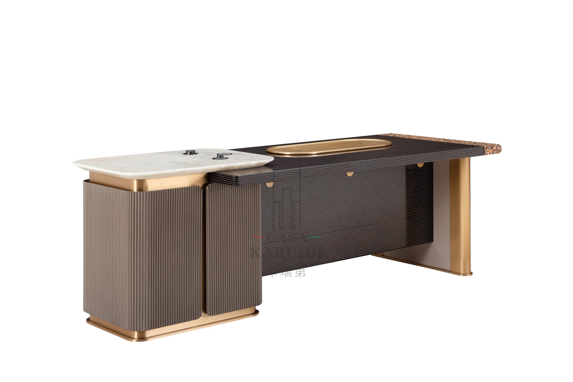 AK-066P Desk – Sculpted Form with Gold-Trimmed Utility and Marble Detail