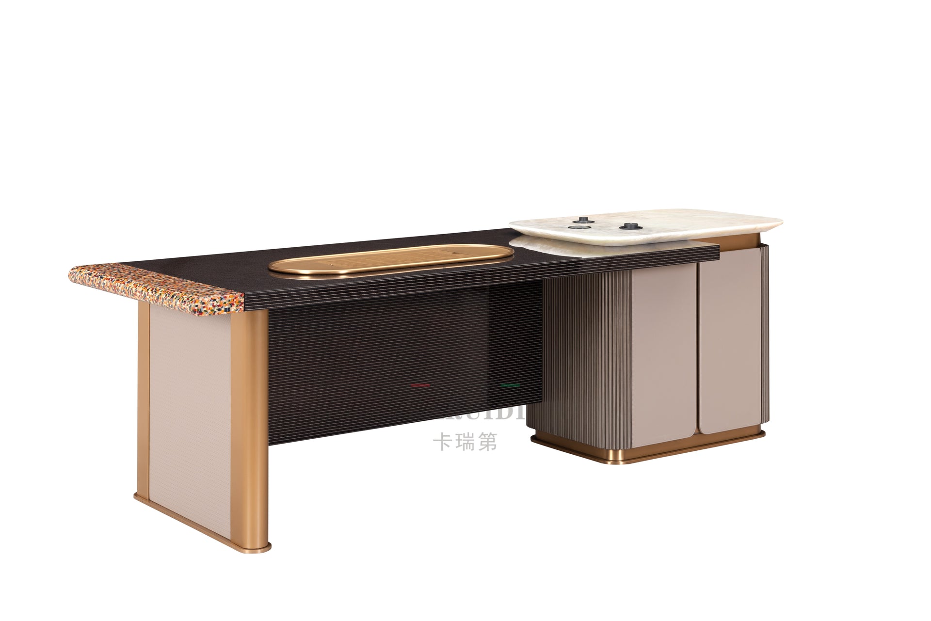 AK-066P Desk – Sculpted Form with Gold-Trimmed Utility and Marble Detail