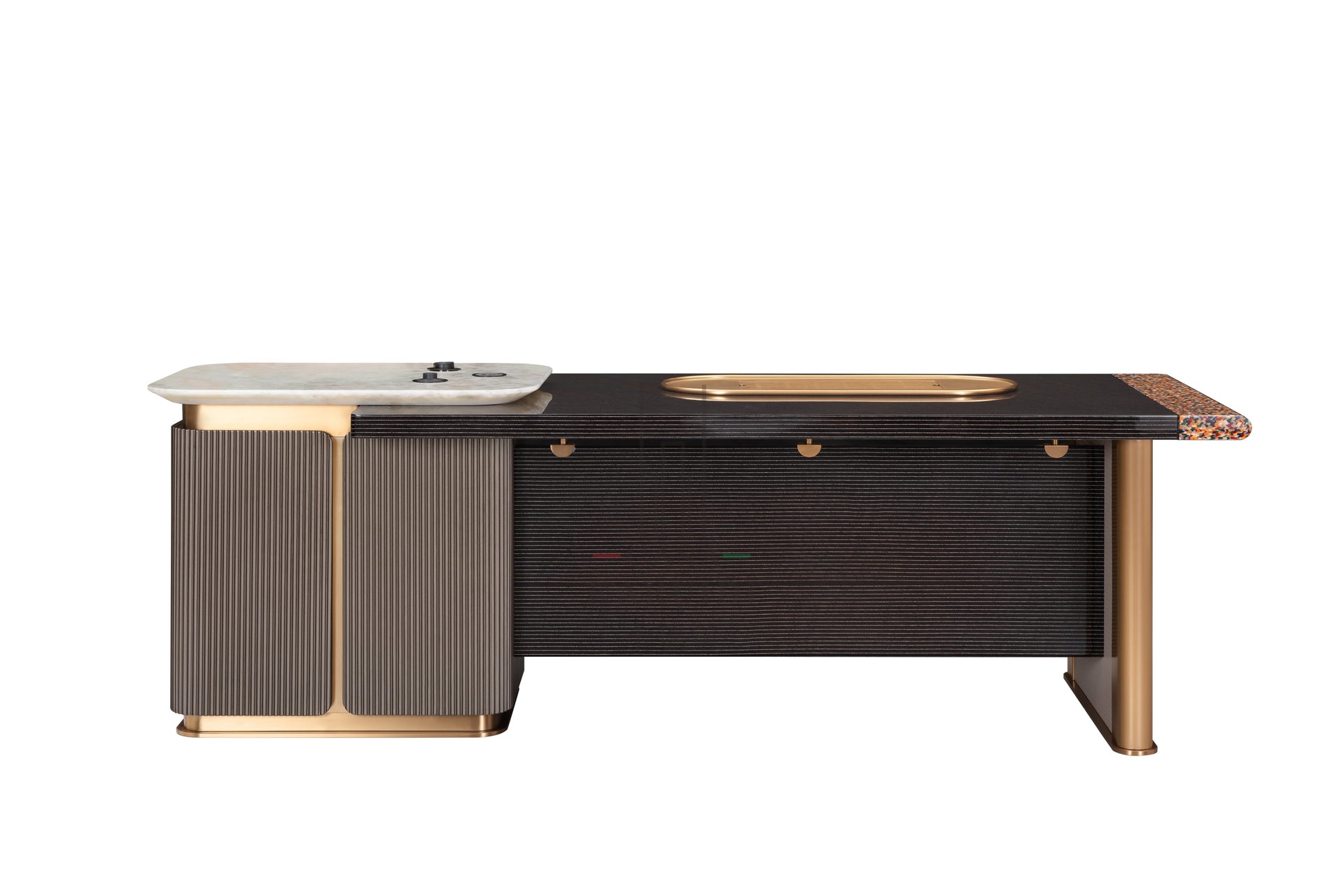 AK-066P Desk – Sculpted Form with Gold-Trimmed Utility and Marble Detail