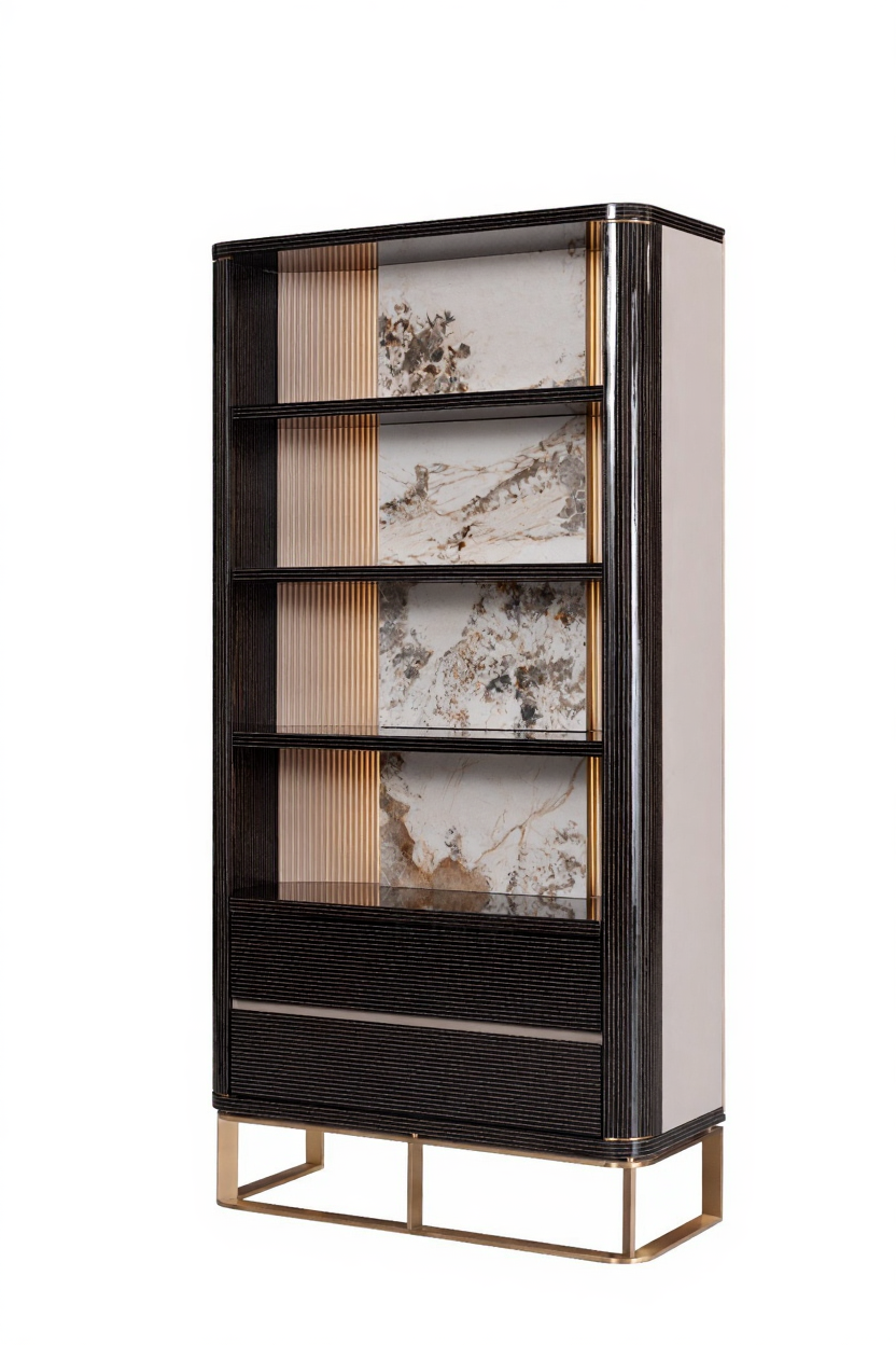 AK-066Q2 – Tall Display Cabinet with Artistic Panels and Golden Base