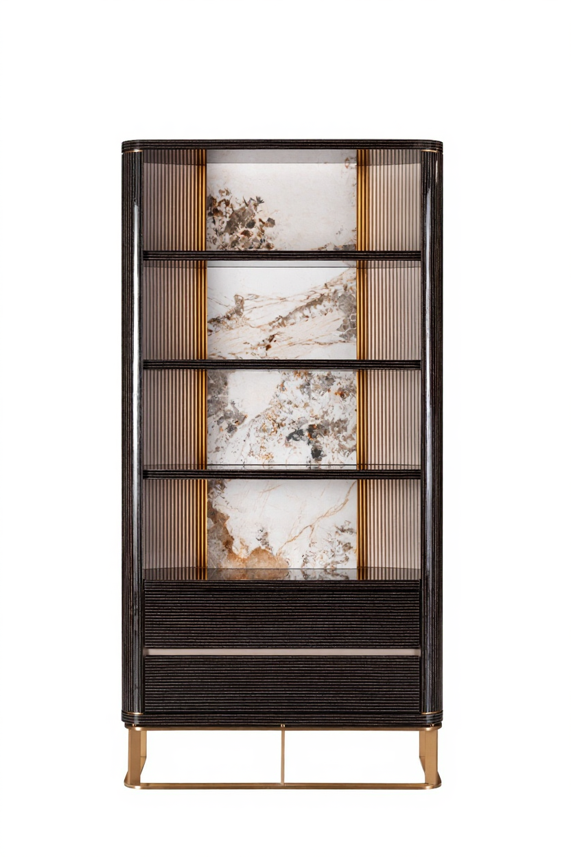 AK-066Q2 – Tall Display Cabinet with Artistic Panels and Golden Base