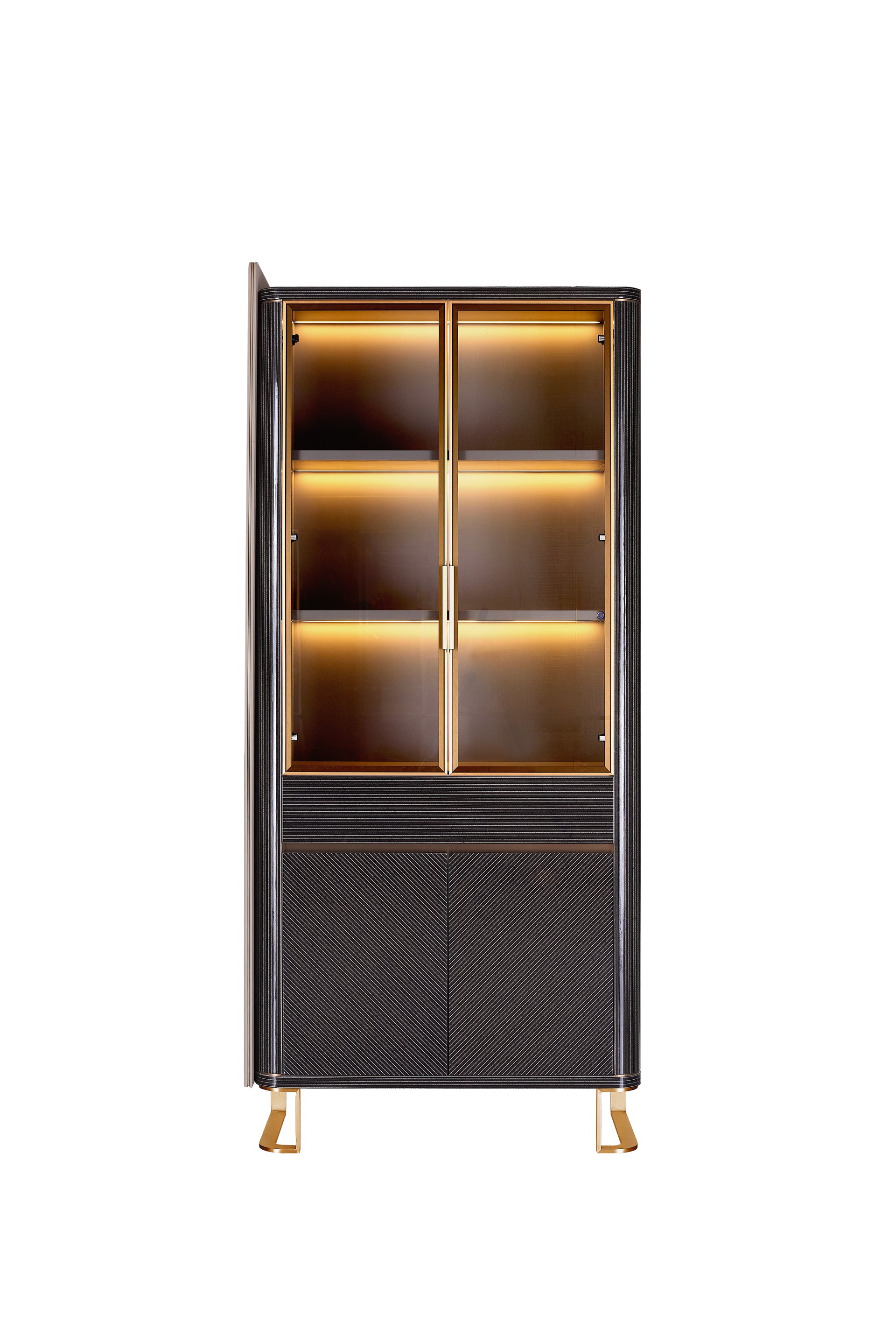 AK-066S – Illuminated Display Cabinet with Textured Doors and Brass Accents (Left)