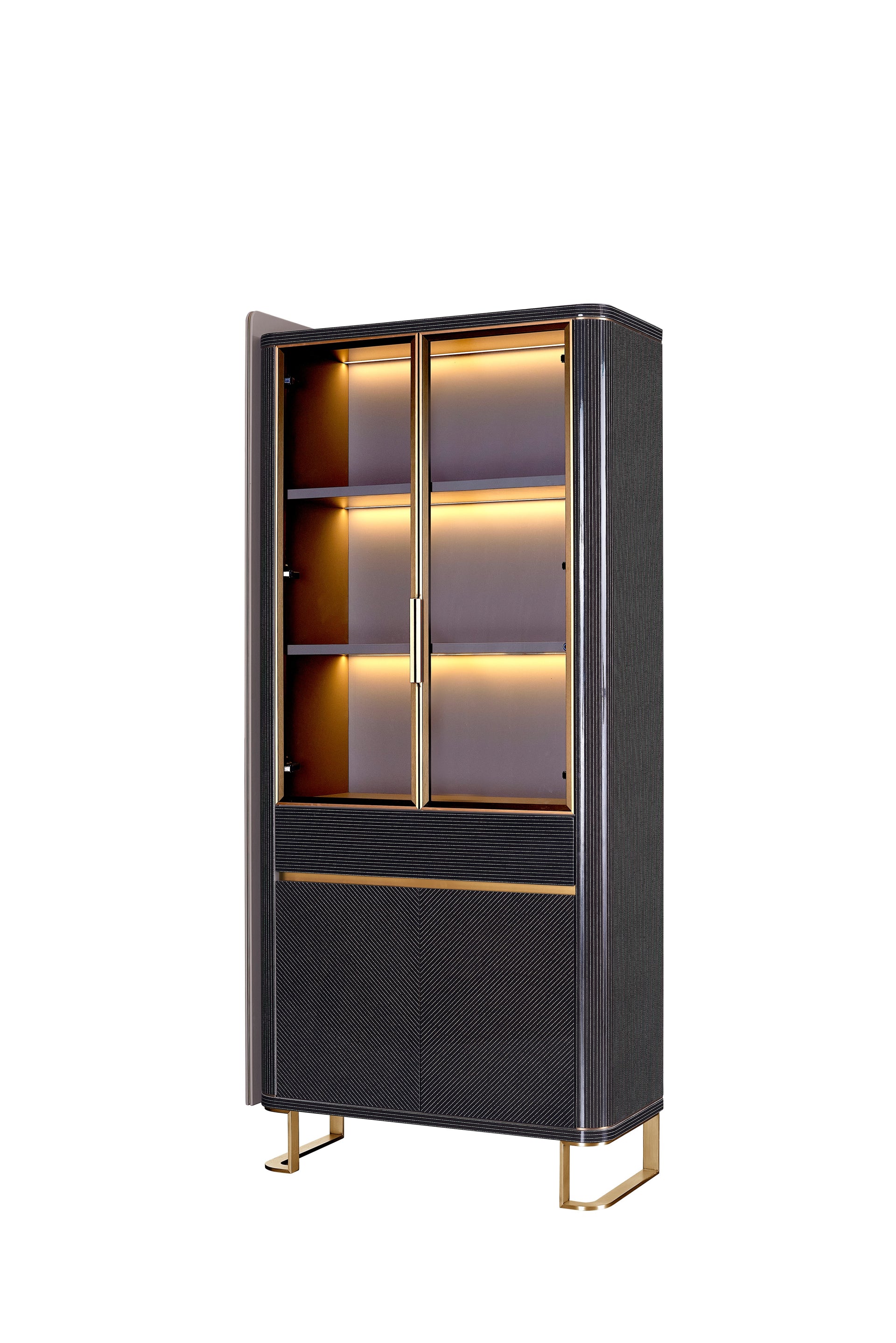AK-066S – Illuminated Display Cabinet with Textured Doors and Brass Accents (Left)