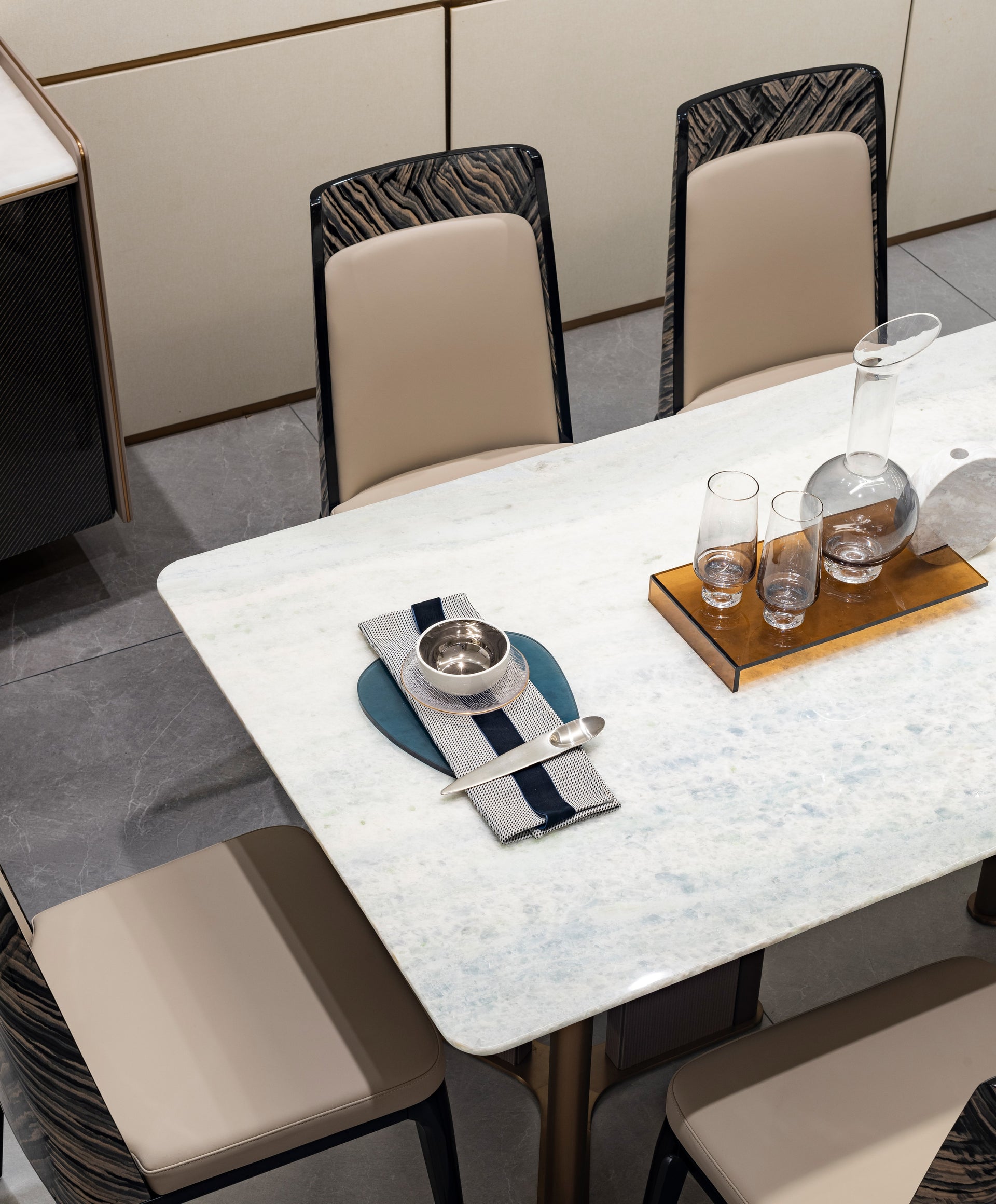 CK-02E-1 Rectangular White Marble Dining Table – Gold Framed Legs with Taupe Fabric Panels