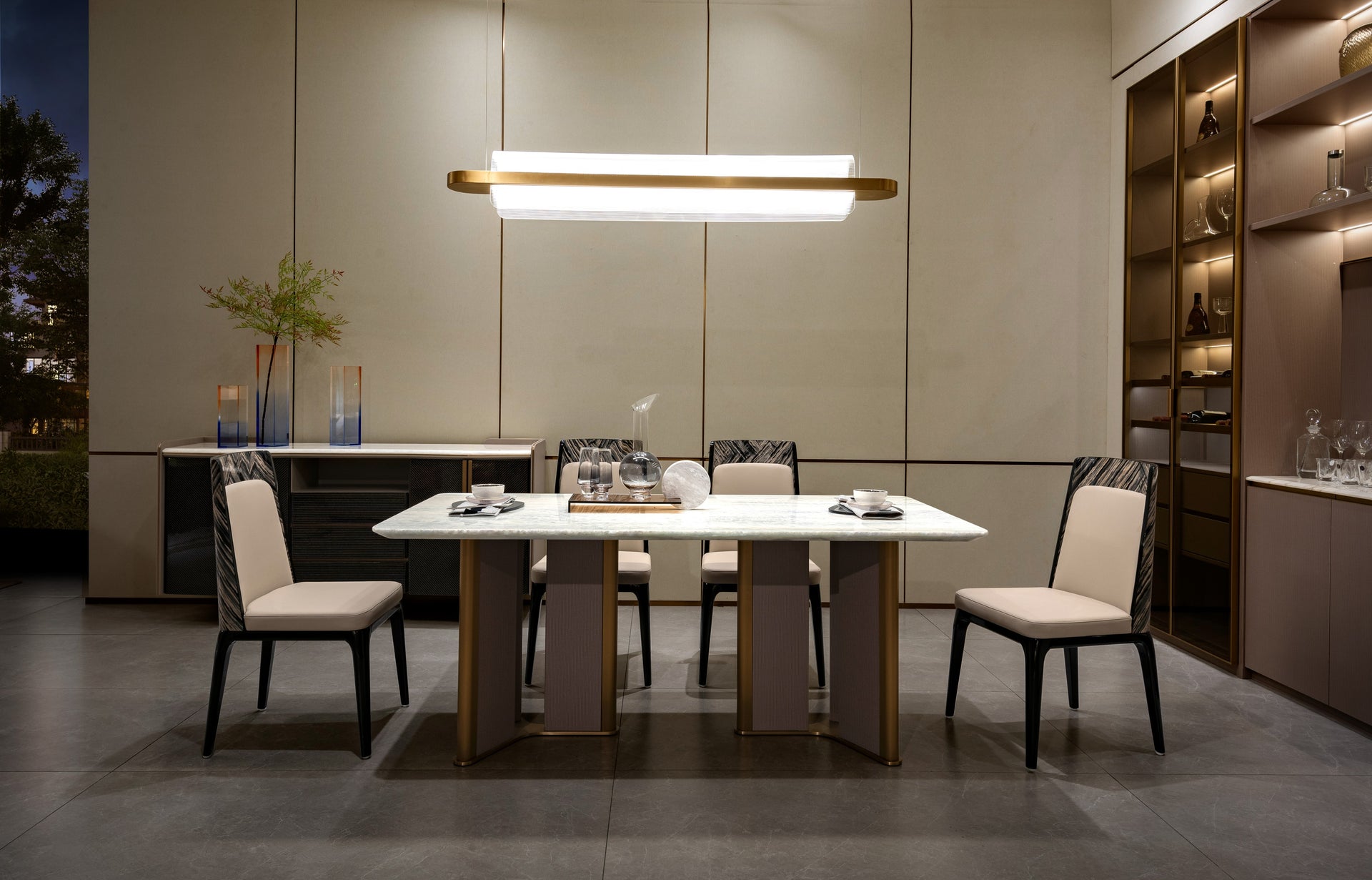 CK-02E-1 Rectangular White Marble Dining Table – Gold Framed Legs with Taupe Fabric Panels
