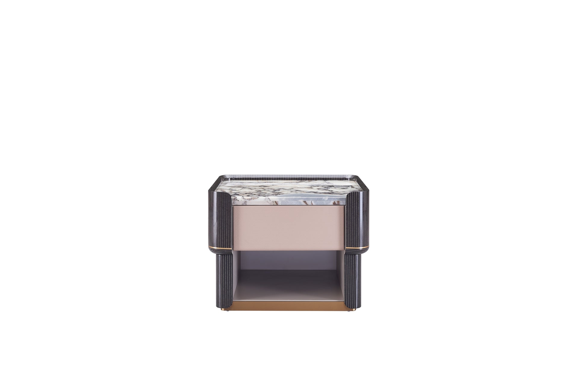 CK-03C Nightstand – Marble-Top Bedside Table with Ribbed Frame and Gold Accents