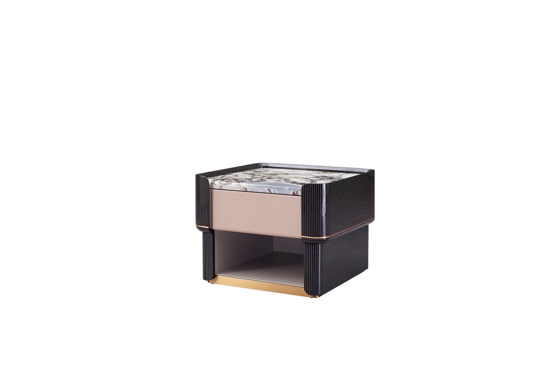CK-03C Nightstand – Marble-Top Bedside Table with Ribbed Frame and Gold Accents
