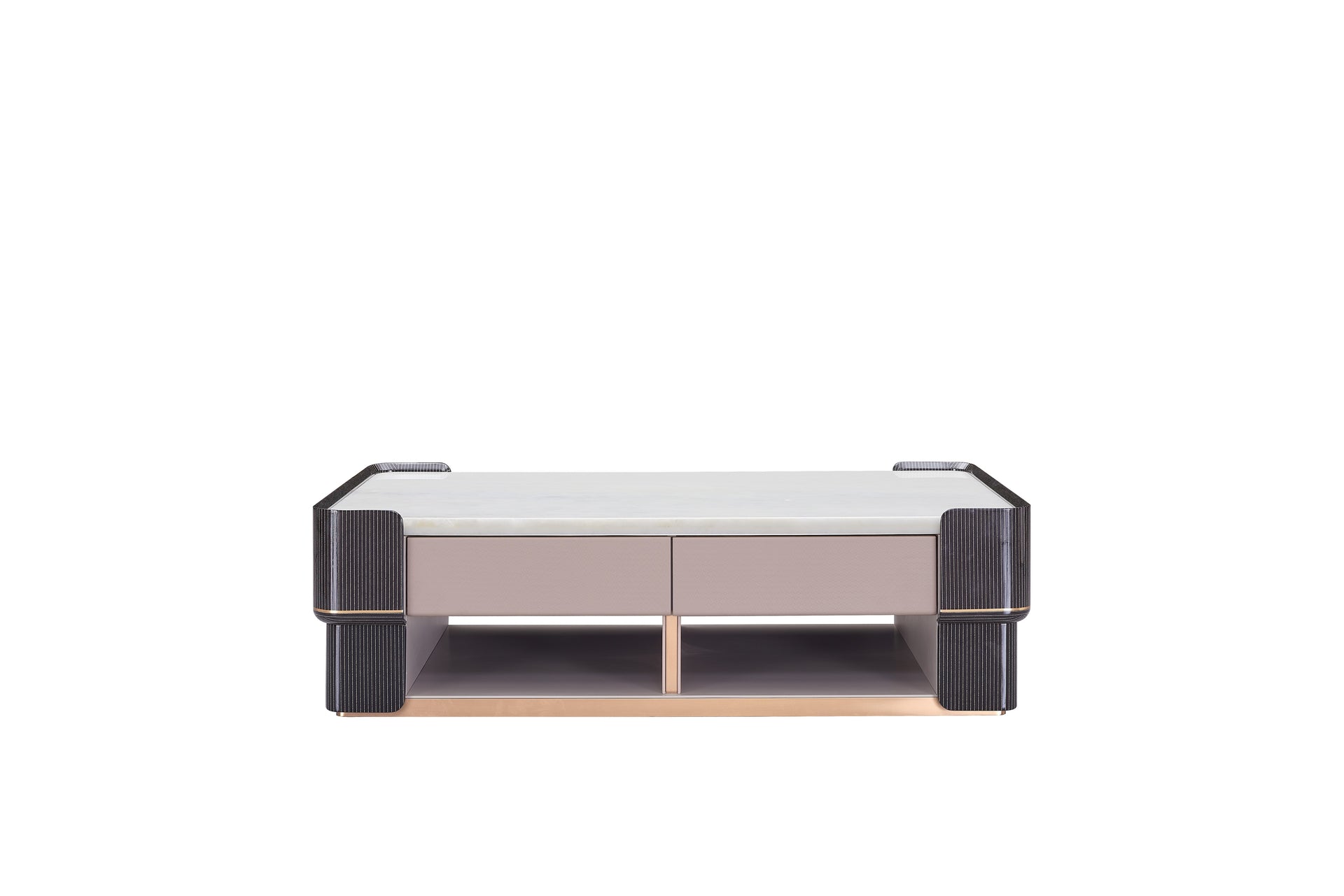 CK-03G TV Console – White Marble Top with Textured Black Frame and Taupe Front Drawers
