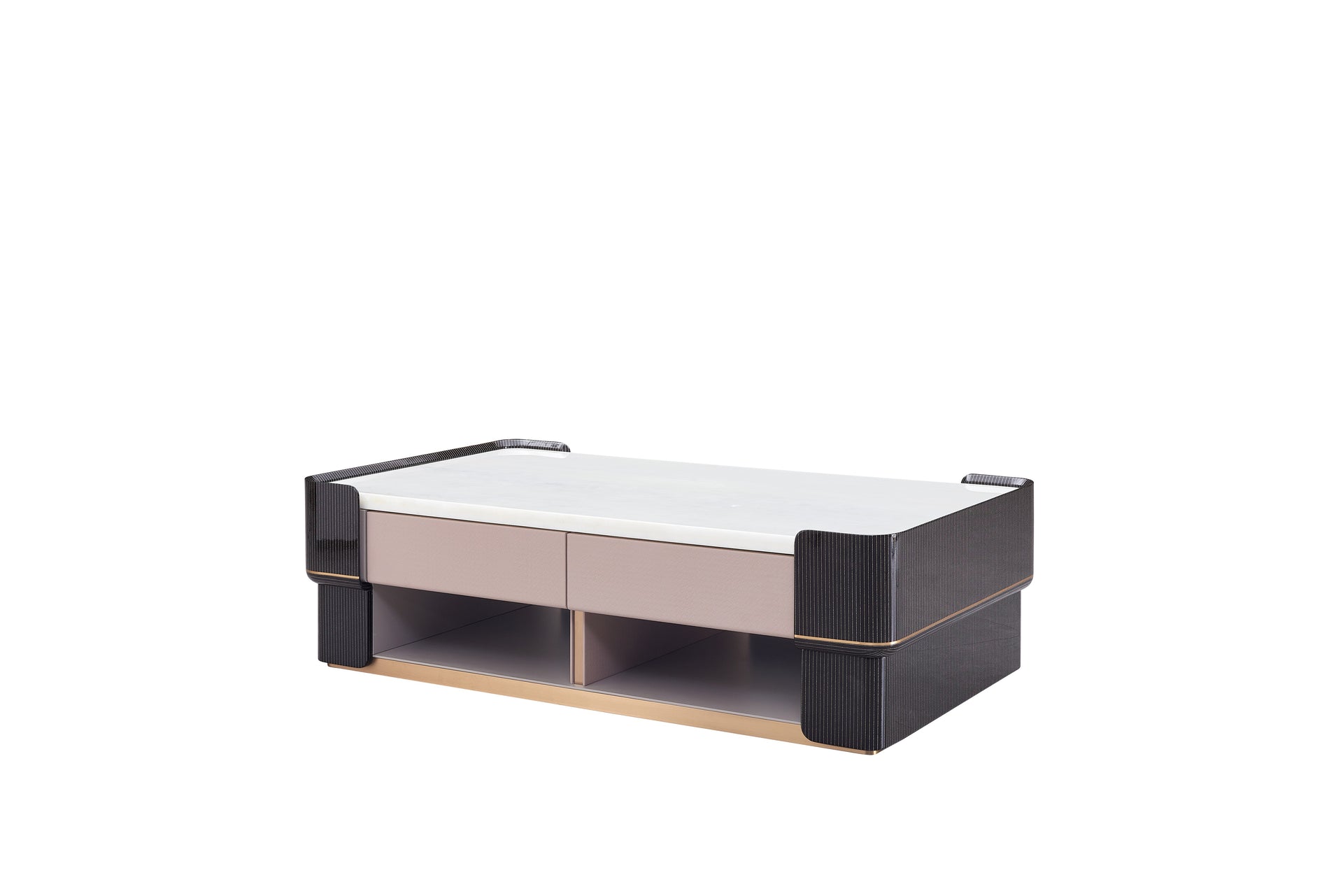 CK-03G TV Console – White Marble Top with Textured Black Frame and Taupe Front Drawers