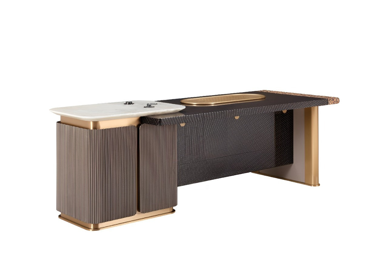 AK-066P Desk – Sculpted Form with Gold-Trimmed Utility and Marble Detail